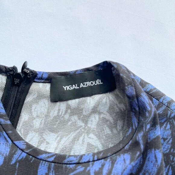 YIGAL AZROUEL BLACK BLUE WHITE ABSTRACT PATTERN SHORT SLEEVE SHEATH MIDI DRESS - Picture 7 of 12